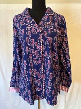 Munki Munki Monkey Print Pajama Top NWT Size Large Blue Pink Bamboo